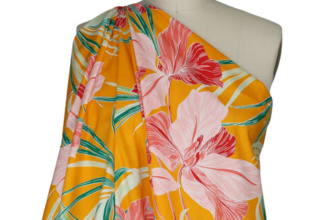 Stretch Shirt Weight Floral Cotton - Corals/Greens on Tangerine