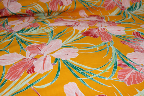 Stretch Shirt Weight Floral Cotton - Corals/Greens on Tangerine