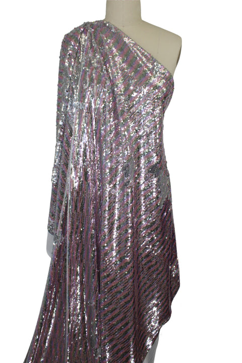 Novelty "Directional" Sequined Mesh - Pink/Silver