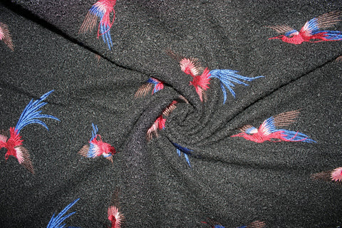 Flight of the Phoenix Embroidered Boiled Wool - Pink/Red/Blue/Brown on Black