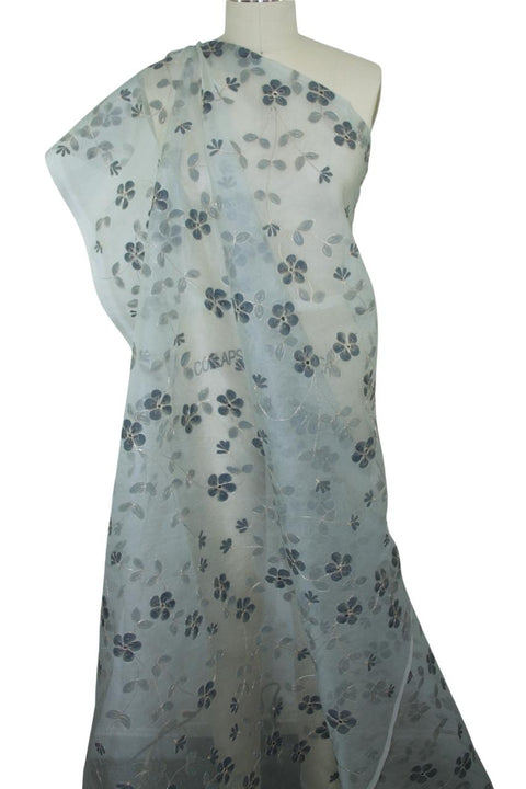 Painted and Embroidered Silk Organza - Silver Tones