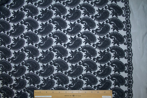 French Paisley Embroidered Mesh - Gray on Black