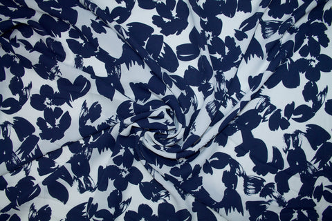 NY Designer Abstract Floral Stretch Crepe - Navy/White