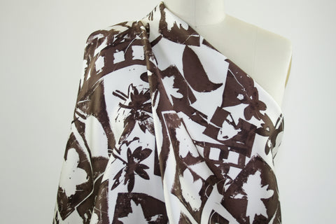 3/4 yards of Abstract Leaf Print Silk Mikado - Brown/Silk White