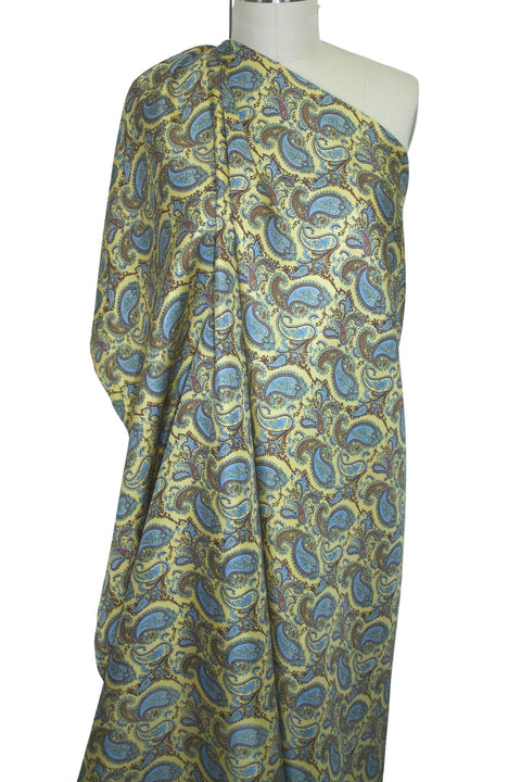 2 yards of Paisley Heavy Silk Twill - Brown/Blue on Yellow