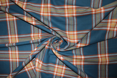 Double Faced Plaid/Solid Cotton Flannel - Cadet Blue/Orange/White