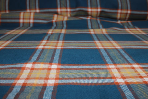 Double Faced Plaid/Solid Cotton Flannel - Cadet Blue/Orange/White