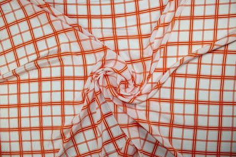 Plaid Silk Crepe de Chine - Tangerine on White