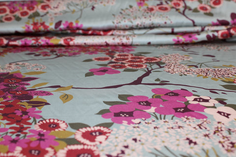 Almost 1 yard of Tr!na Turk Cherry Blossom Time Silk Charmeuse - Pinks/Reds/Purples on Gray