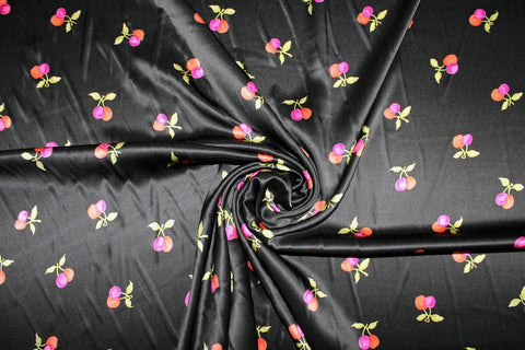 Plums and Cherries Silk Charmeuse - Pink/Green/Orange on Black