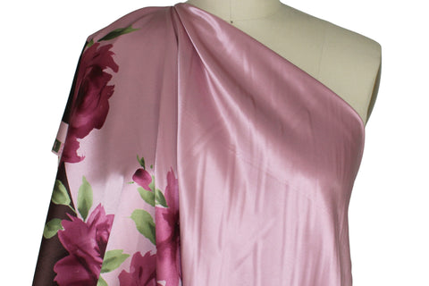 Coming Up Roses Border Silk Charmeuse - Burgundies on Pink