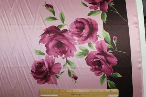 Coming Up Roses Border Silk Charmeuse - Burgundies on Pink