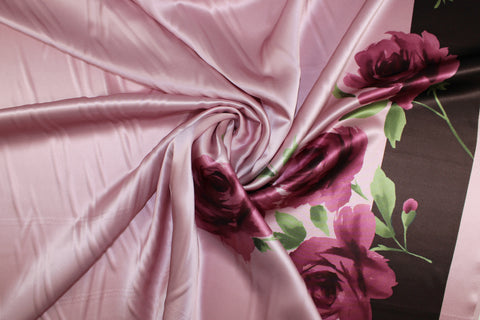 Coming Up Roses Border Silk Charmeuse - Burgundies on Pink
