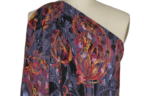 Paisley Wide Silk Jacquard Charmeuse - Pinks/Purples on Black