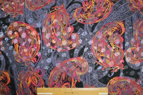 Paisley Wide Silk Jacquard Charmeuse - Pinks/Purples on Black