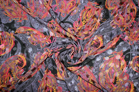 Paisley Wide Silk Jacquard Charmeuse - Pinks/Purples on Black
