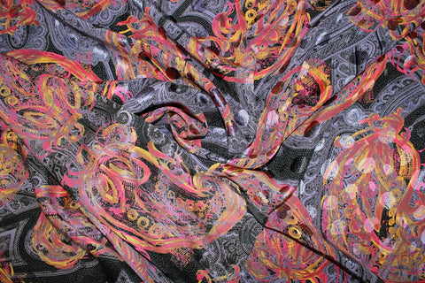 Paisley Wide Silk Jacquard Charmeuse - Pinks/Purples on Black