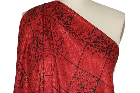 Windowpane Jacquard Silk Charmeuse - Black on Red