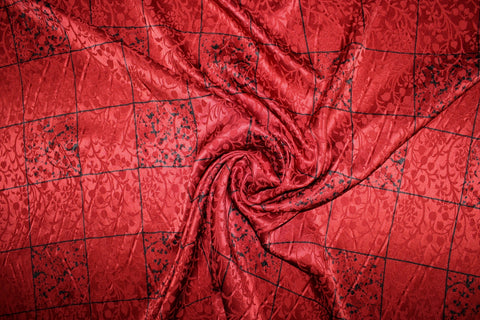 Windowpane Jacquard Silk Charmeuse - Black on Red