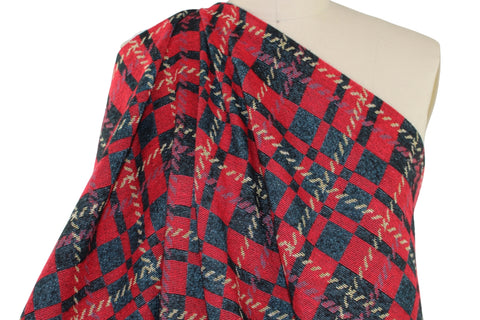 Italian Plaid Cotton Blend Jacquard Coat Weight - Red/Beige/Blue/Black