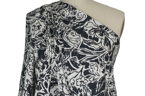 Abstract Floral Stretch Shirt Weight Cotton - Ivory/Black