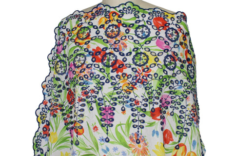 Floral/Eyelet Border Cotton Lawn - Multi on White