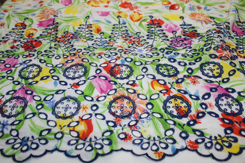 Floral/Eyelet Border Cotton Lawn - Multi on White