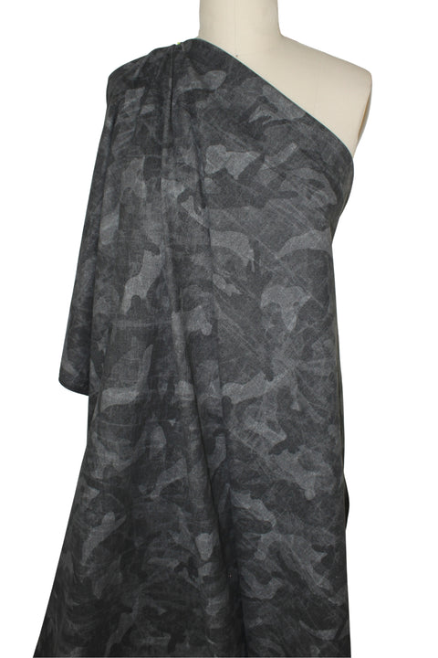 Black/gray camo print stretch corduroy