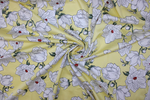 Dogwood Days Floral Cotton Sateen Shirting - White/Red/Green on Yellow