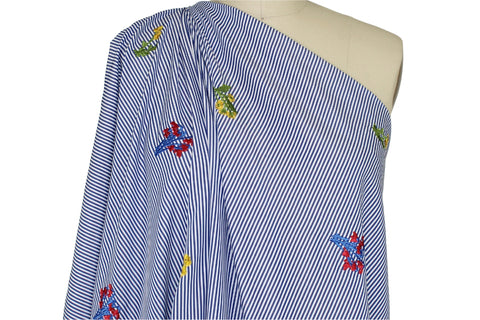 Embroidered, Striped Cotton Shirting - Blue/White/Green/Red/Yellow