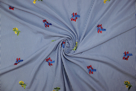 Embroidered, Striped Cotton Shirting - Blue/White/Green/Red/Yellow