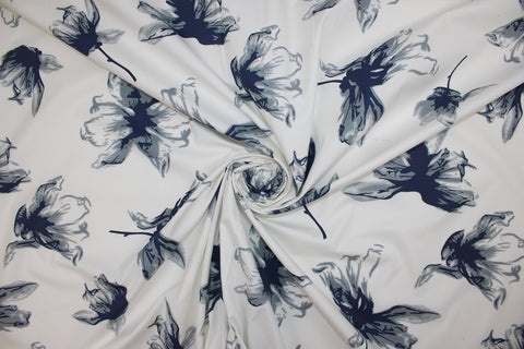 Artistic Floral Stretch Cotton Sateen - Gray/Blue/Off-White