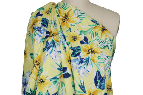 Sunny Day Floral Stretch Cotton - Blues/Greens on Yellow