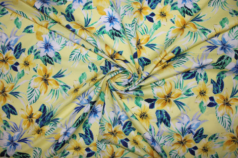 Sunny Day Floral Stretch Cotton - Blues/Greens on Yellow