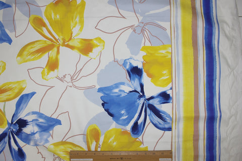 Double Border Floral Stretch Cotton - Blues/Yellows on White