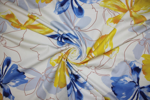 Double Border Floral Stretch Cotton - Blues/Yellows on White