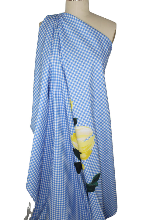 Gingham stretch cotton fabric with a BIG floral motif in the middle.