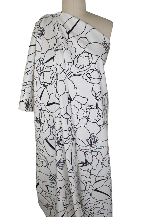 Black and white pen and ink style floral cotton sateen
