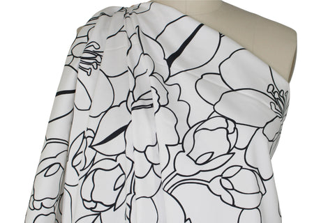 Black and white pen and ink style floral cotton sateen