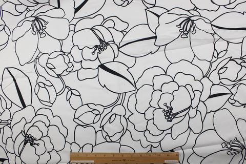 Black and white pen and ink style floral cotton sateen