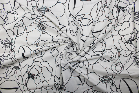 Black and white pen and ink style floral cotton sateen