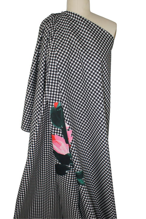 Gingham stretch cotton fabric with a BIG floral motif in the middle.