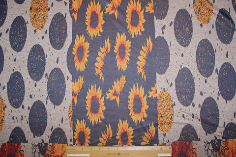 Sunflowers and Showers Ponte Knit - Oranges/Blues/Tan