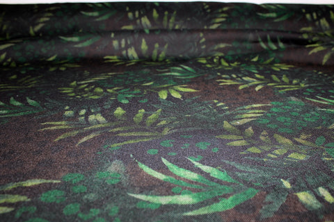 2 yards of Stretchy Forest Night Denim - Greens on Black-Brown - AS IS