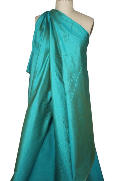 Iridescent peacock blue silk dupioni