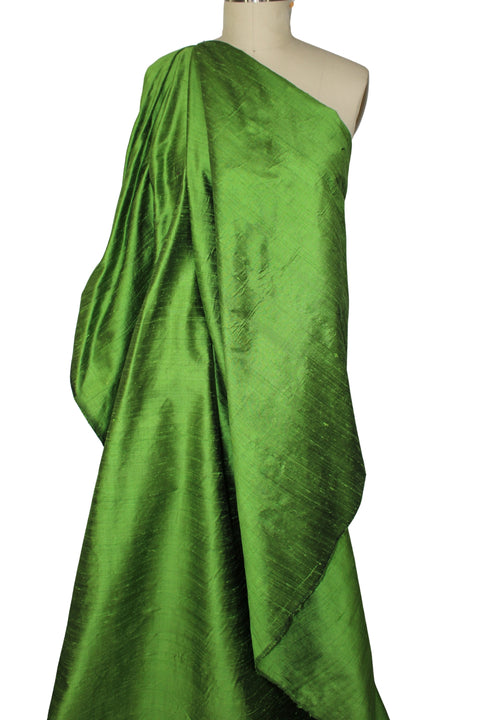 Bright iridescent green silk dupioni
