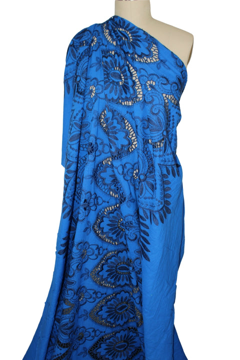 Haute NY Desgigner Broderie Anglaise - Black on Royal Blue Gorgeous Fabrics Haute NY Desgigner Broderie Anglaise - Black on Royal Blue Gorgeous Fabrics
