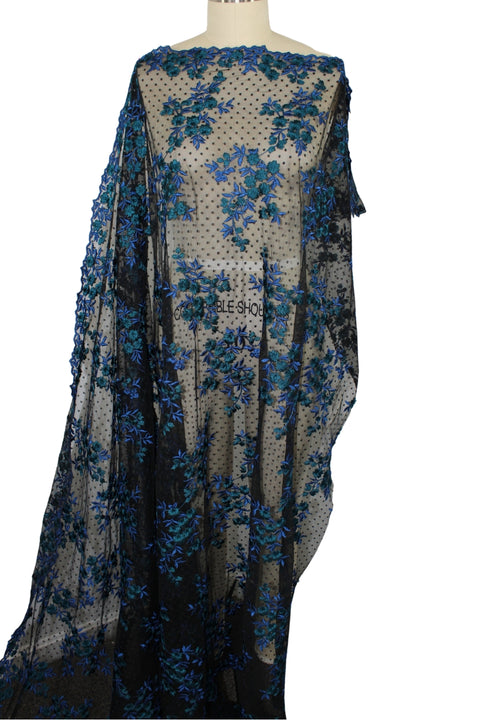 Wide Floral Embroidered/Dotted Mesh - Blue/Green on Black