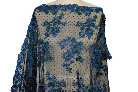 Wide Floral Embroidered/Dotted Mesh - Blue/Green on Black