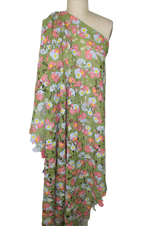 1 1/2 yards of Italian Floral Guipure Lace - Geranium/Cornflower/Yellow/Green